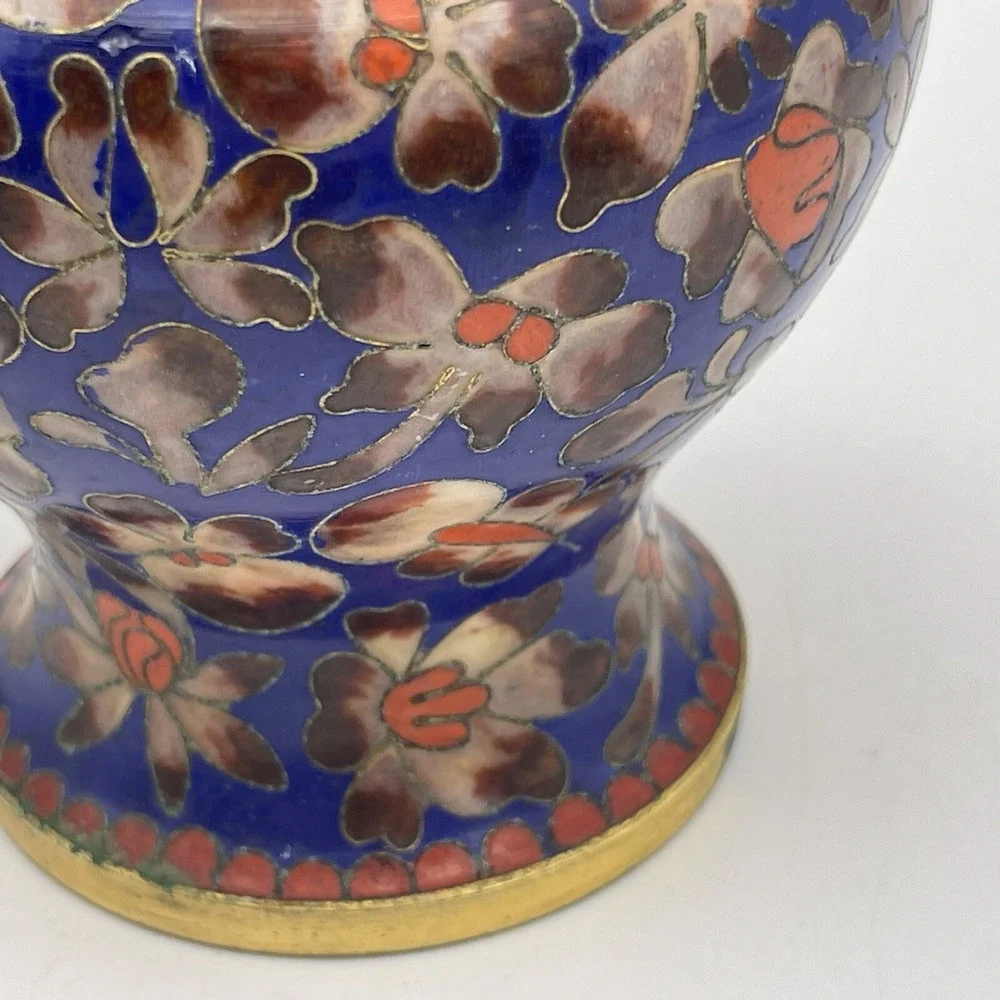 Cloisonné Vase Enameled Blue Orange Floral 8